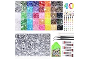 62,000 pcs Rhinestones Bedazzling Kit, Cover 32,000pcs 3mm Nail Rhinestones in 40 Colors for Bedazzling & 30,000pcs Clear Fla
