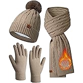 GADIEMKENSD Winter Beanie Scarf Gloves Set, Keeping Warmth, Cable Knit Design, Sensitive Touchscreen Fingertips