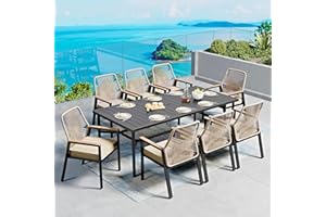 SUNSHINE VALLEY 9 Pieces Patio Dining Set, 8 x Woven Rattan Chairs with Waterproof Cushion, 83" Rectangular Metal Dining Table with Umbrella Hole, Outdoor Table and Chairs Set for Backyard Lawn and Deck, Beige