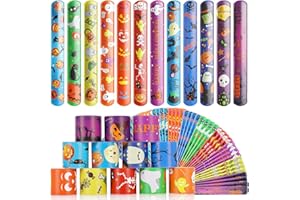 SKINOSM Halloween Party Favors for Kids, 48 PCS Halloween Slap Bracelets Assorted Bulk Party Decorations, Snap Bracelet Wristbands for Kids Print with Spider Pumpkin Ghost Print Halloween Treats Supplies