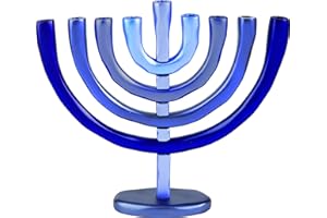 World Of Judaica Yair Emanuel Blue Aluminum Hanukkah Menorah with Temple Design