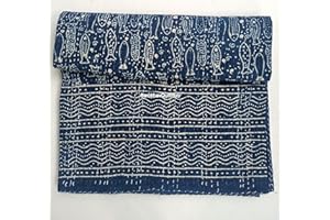 SAMBHAV QUILT HUB Blue Indigo Print Cotton Handmade Handblock Quilted Blanket Indian Cottodspread Kantha Indigo Print Beork Bohemian Bed Decor Block Throw Blanket Twin/King/Queen (Queen 90X108 inches (4))