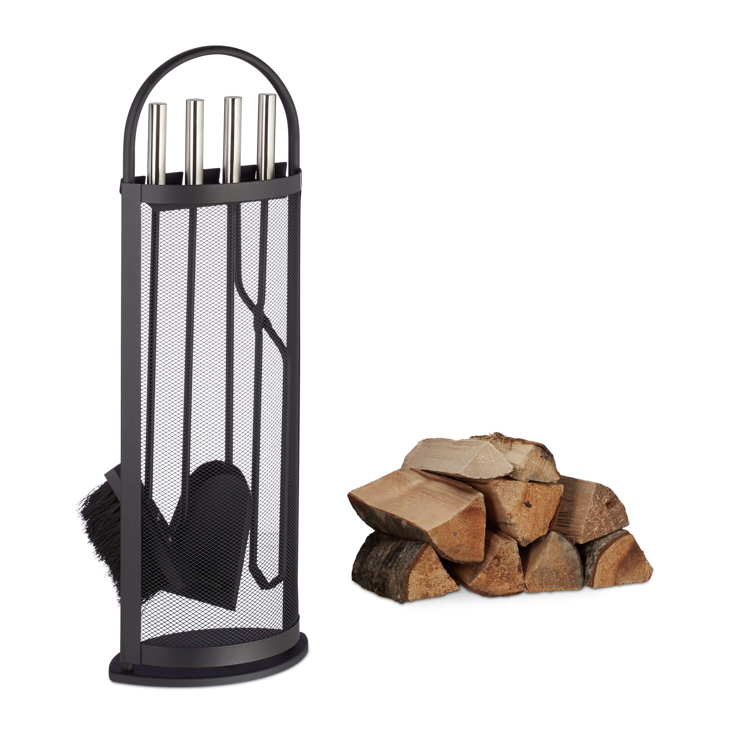 Relaxdays 5-Piece Fireplace Companion Set Cast Iron Utility Accessories, Modern, Stand, Tongs, Shovel, Poker and Broom, Grey, 15 x 23 x 66 cm