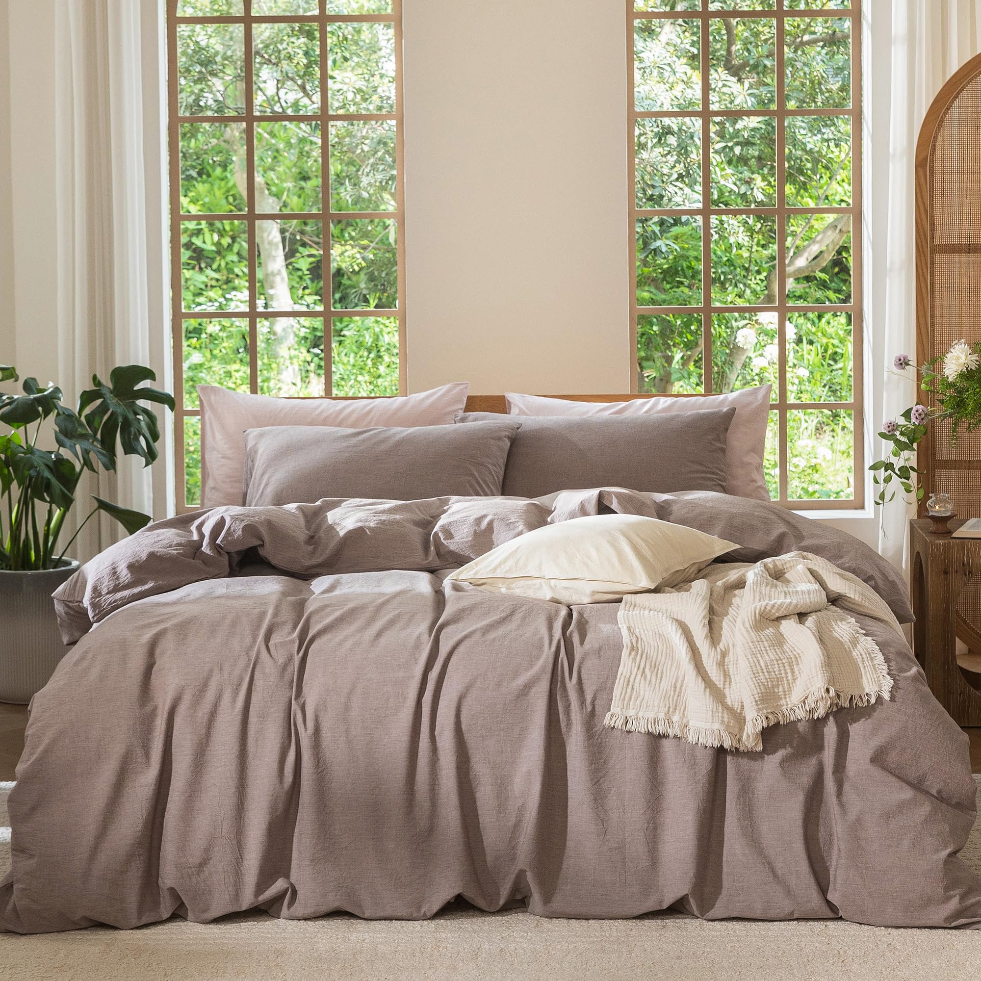 Photo 1 of MooMee Bedding Duvet Cover Set 100% Washed Cotton Linen Like Textured Breathable Durable Soft Comfy (Heathered Mauve Brown, King 104"x90")
