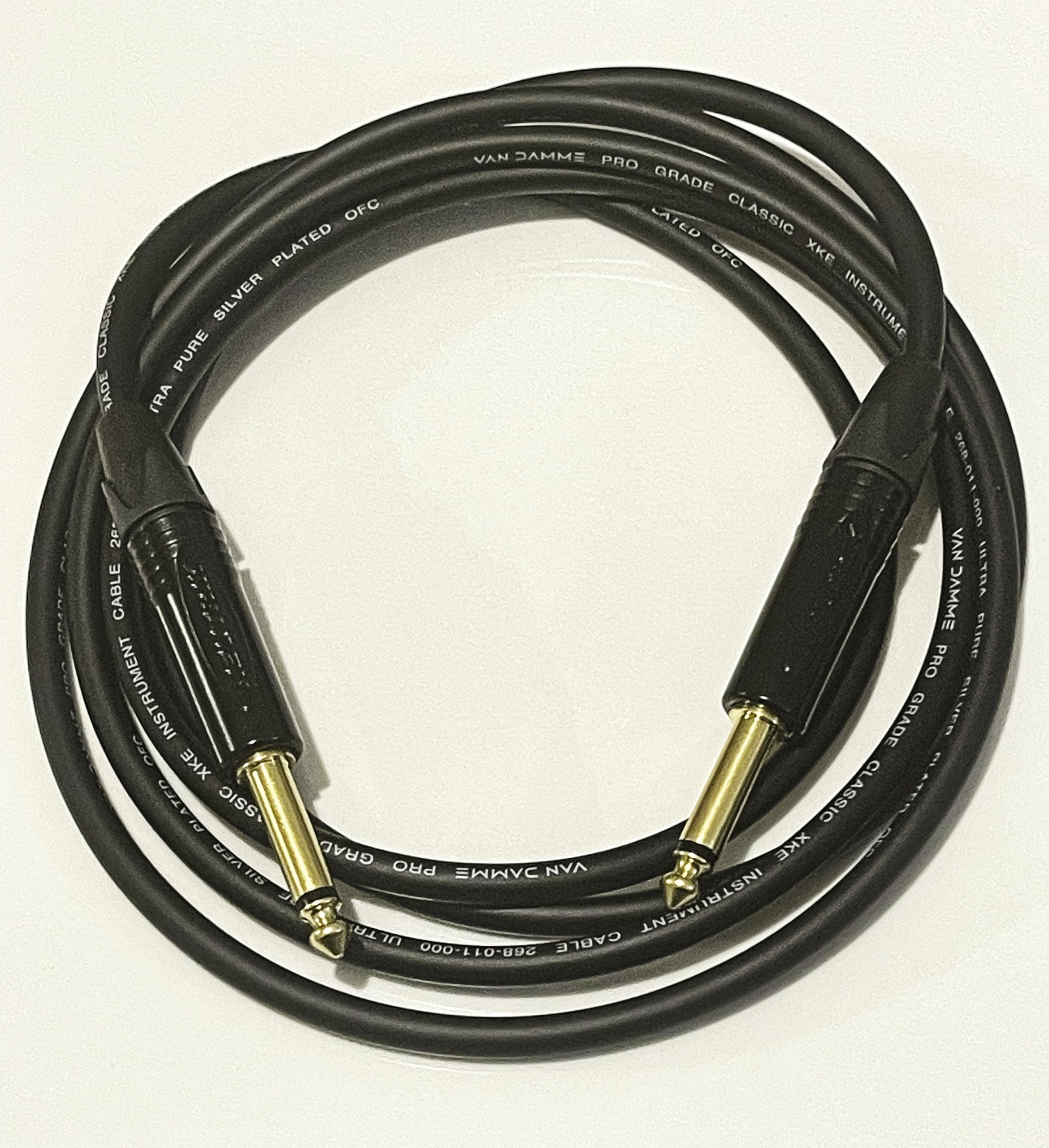 A1 Sound Guitar Intrument Cable, Van Damme Black Ultra 3 Metre Length Terminated Neutrik 6.3 mm (1/4") Mono Jack Plugs Gold Plated With Black Covers.