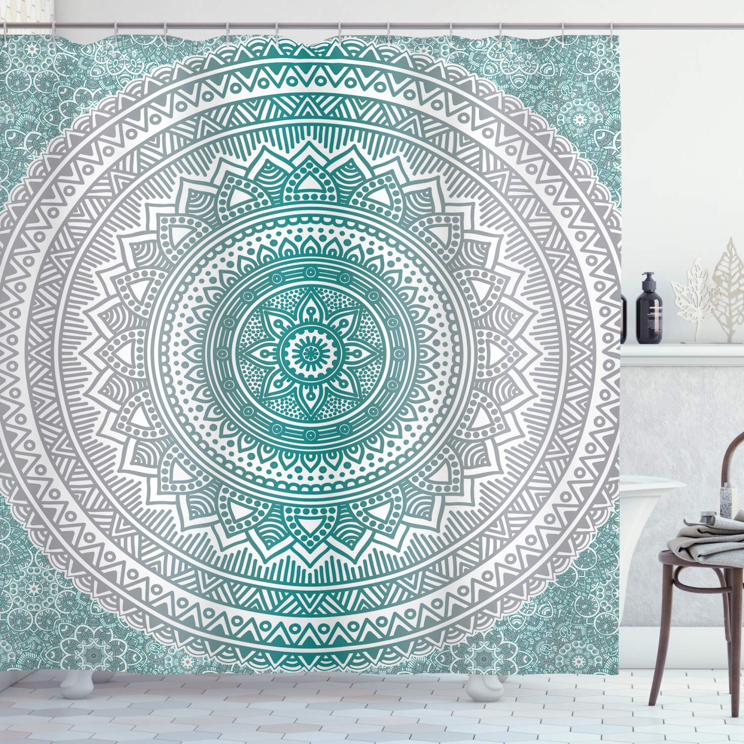 ABAKUHAUS Grey and Teal Shower Curtain, Mandala Ombre Design Space Geometric Center Point Boho Art, Cloth Fabric Bathroom Decor Set with Hooks, 94" Inches, Grey Teal