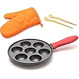 Cast Iron Aebleskiver Pan for Authentic Danish Stuffed Pancakes - Complete with Bamboo Skewers, Silicone Handle and Oven Mitt
