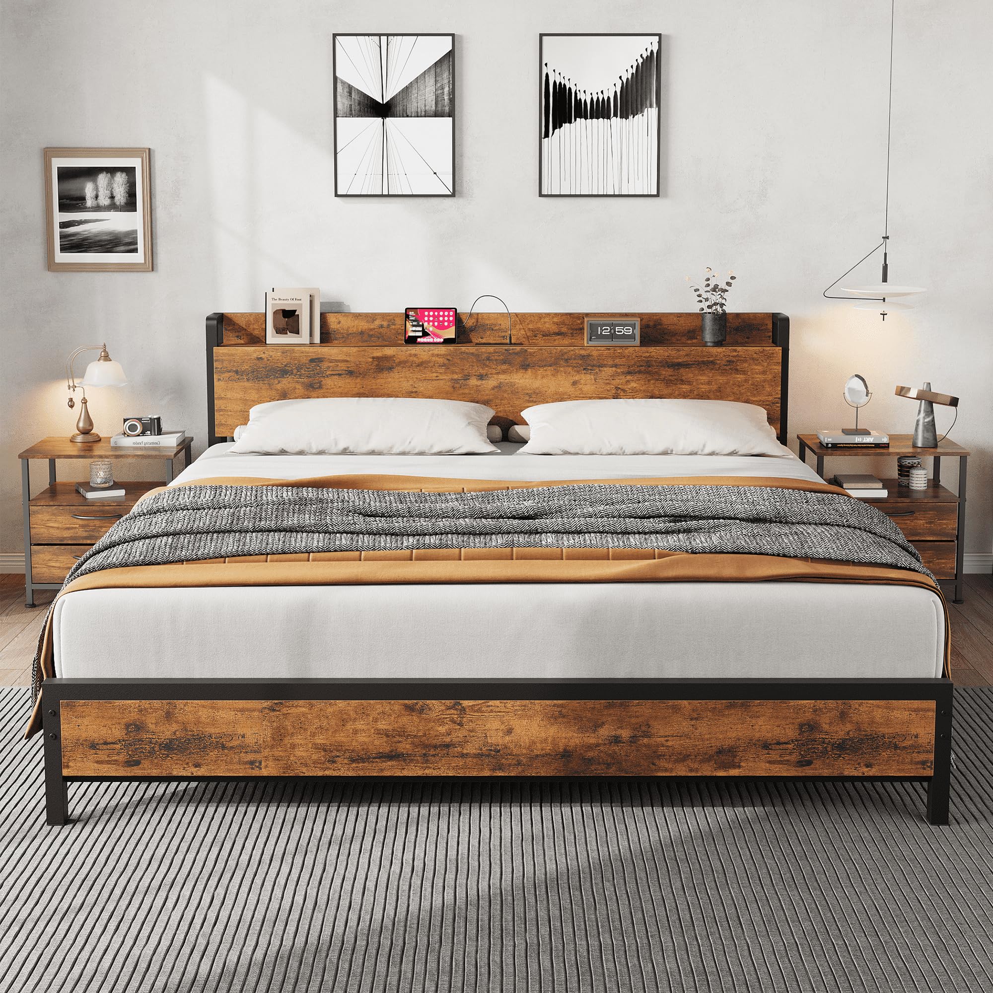 Photo 1 of GarveeHome King Size Bed Frame Charging Station with 2 USB Ports & 2 AC Outlets, Heavy Duty Metal Bed Frame with Wooden Headboard and Footboard, No Box Spring Needed, Easy to Assemble, Brown