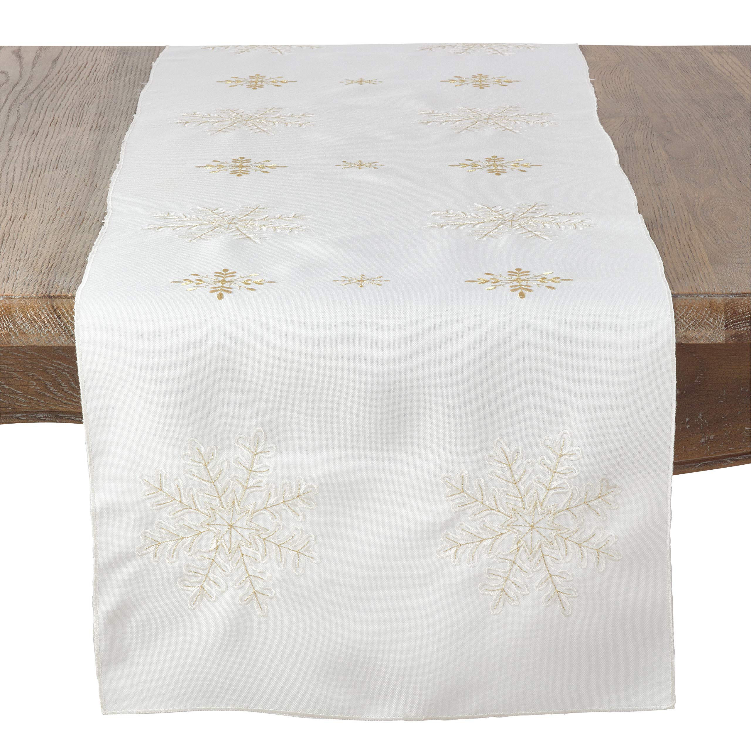 SARO LIFESTYLE Embroidered Snowflake Christmas Holiday Table Runner, 16" x 72", Ivory
