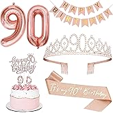 90th Birthday Decorations for Women, Including 90th Tiara and Sash, Happy Birthday Banner, Cake Toppers, Number Candles and Balloons Set, Rose Gold