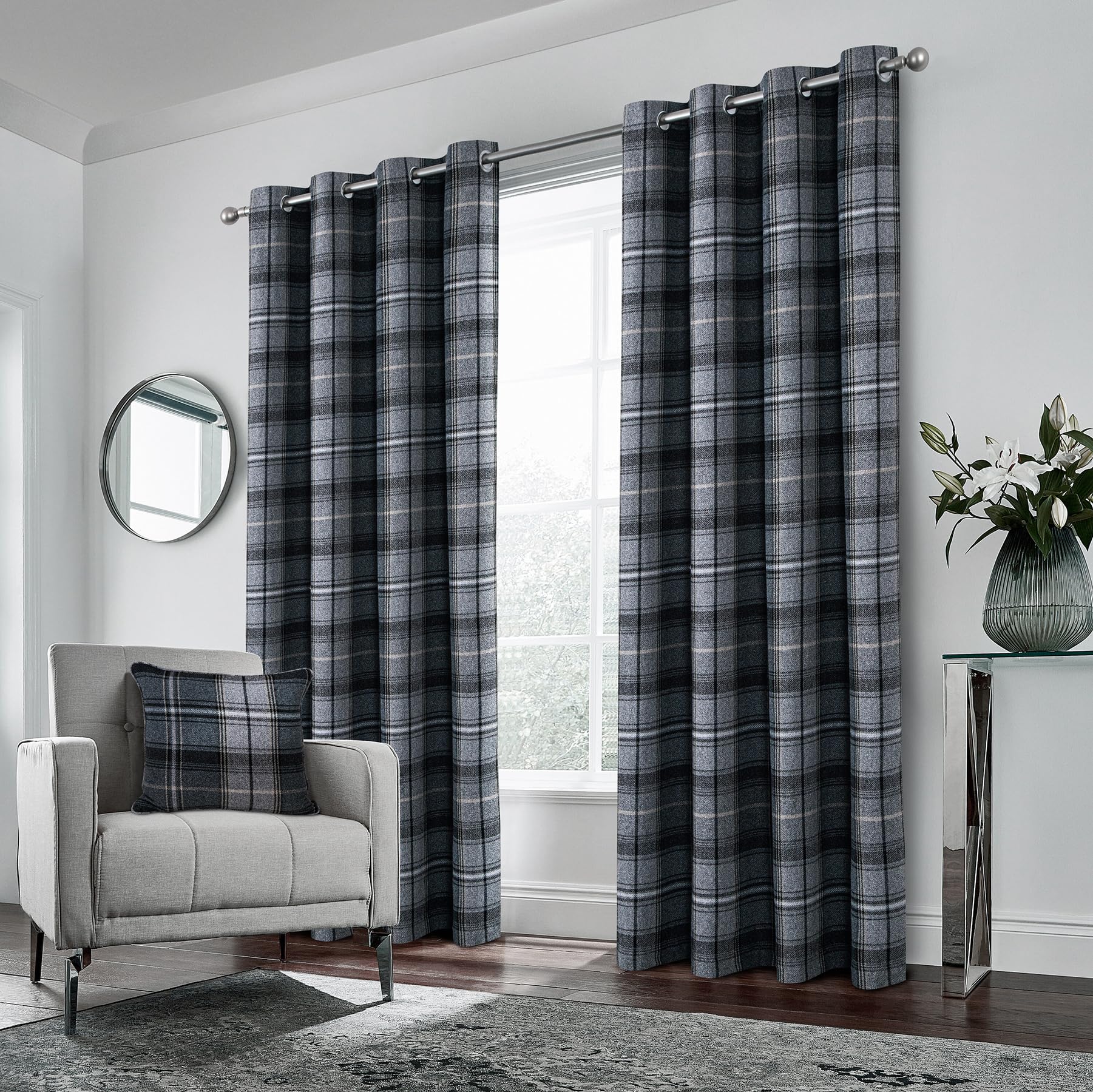 always4u 100% Blackout Curtains Check Eyelet Bedroom Tartan Curtain Plaid Brushed Cheque Pair of Highland Woolen Look Window Treatment for Living Room Black 46 * 72 Inches