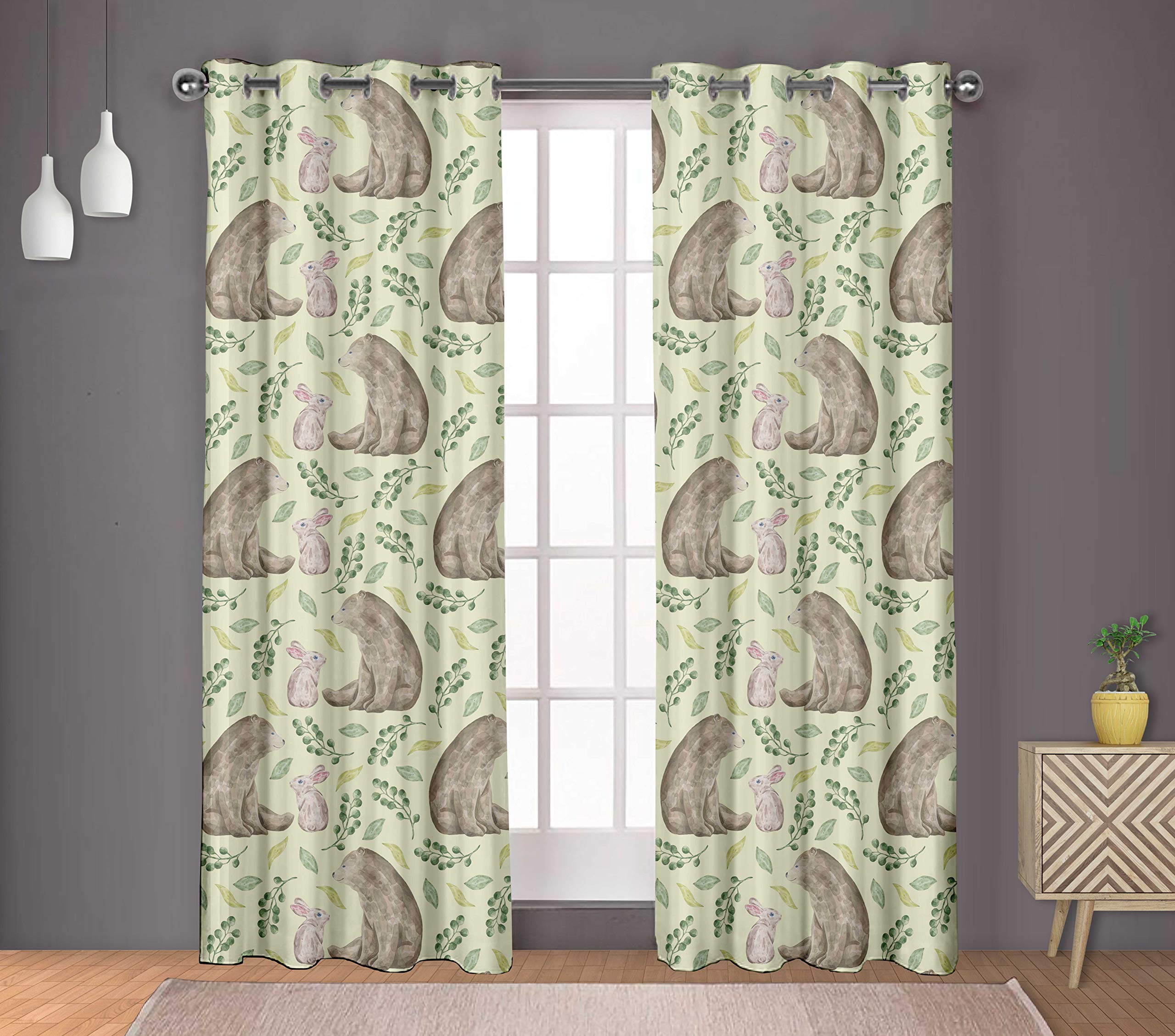 S4Sassy Cotton Duck Bear & Rabbit Animal Yellow Set of 2 Panel Eyelet Bed Room Door Curtains Drapes- 54x84 Inches