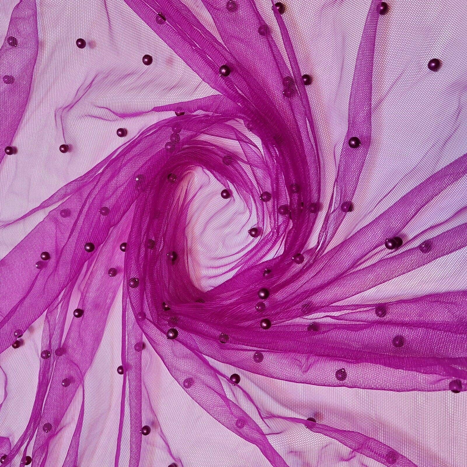 Textile Station 58" Wide Tulle Beaded Pearl Lace Net Fabric Bridal Veil Wedding Backdrop Décor Available in 25 Colours (Magenta, 2 Meter)