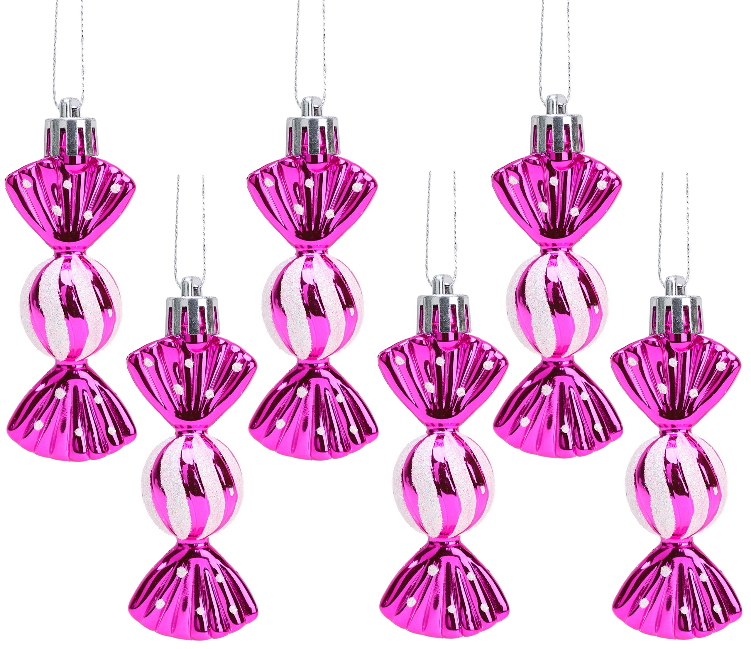 Christmas Concepts® Pack of 6-80mm (3.2") Mini Sweet Shaped Baubles – Shiny & Glitter Decorated – Christmas Tree Decorations (Hot Pink)