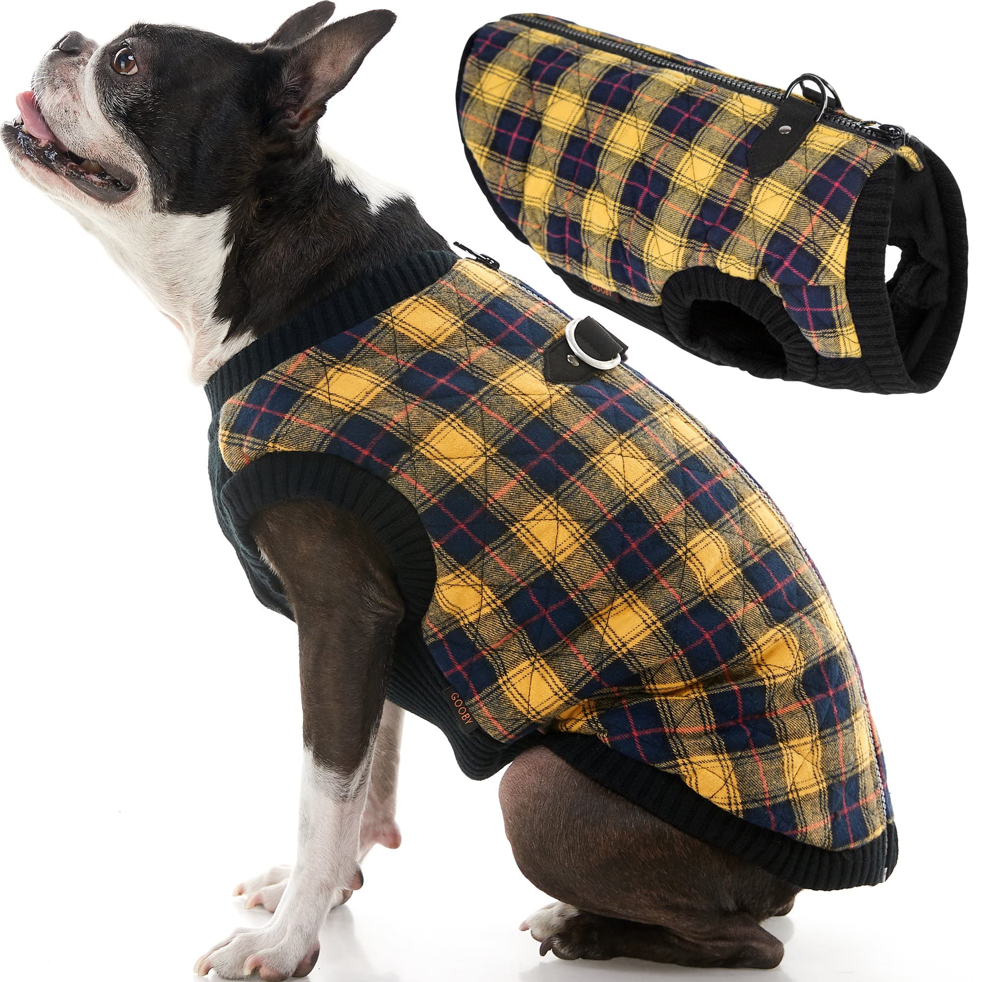 Gooby Fashion Vest Check Jacket - Yellow Check, Large - Warm Zip Up Bomber Vest Dual D Ring Leash - Winter Water Resistant Small Dog Sweater - Clothes for Small or Medium Dogs