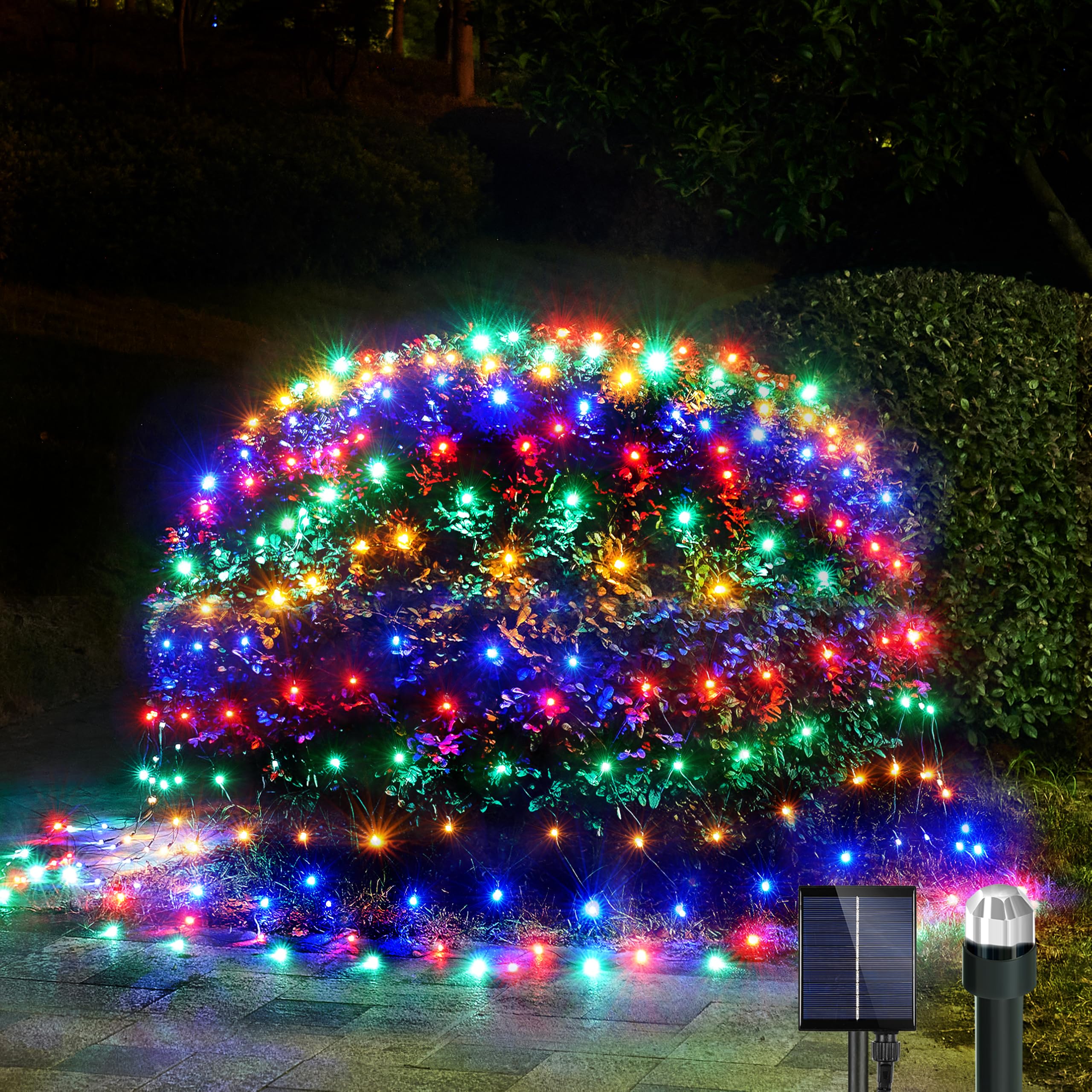 Photo 1 of WBao Solar Christmas Lights Outdoor 200LED F8 Big Bulbs, 8.4ft x 5.2ft Christmas Net Lights with Remote Control, 8 Modes, Timer, Waterproof for Lawn, Bushes, Trees Outdoor Xmas Decorations, Multicolor
