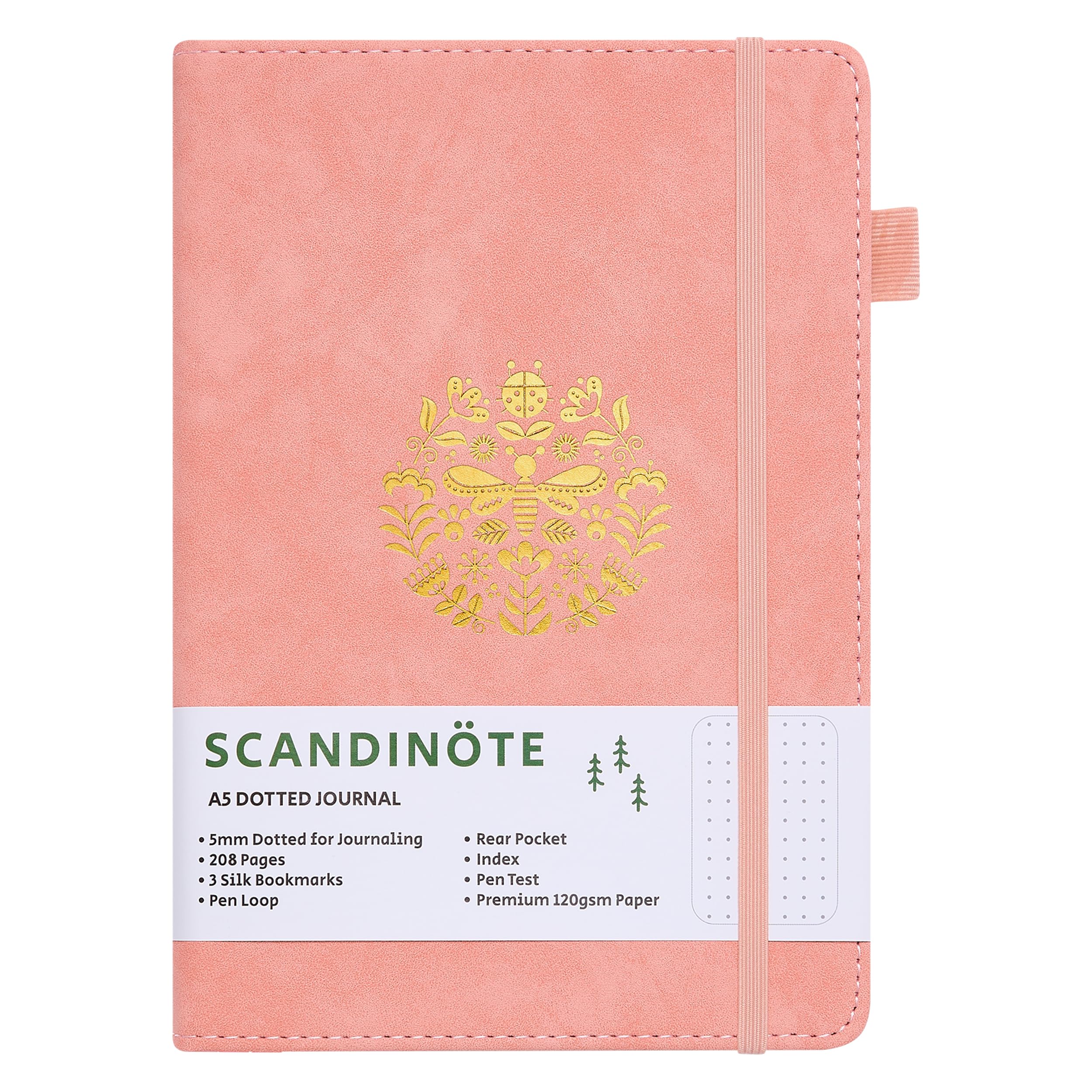 Scandinote A5 Bullet Dotted Journal Notebook, 208 Pages, 120gsm Paper, Vegan Leather Cover, 3 Bookmarks, Pen Loop, Pocket, Index, 180° Lay-Flat, 5mm Dot Grid for Bullet Journaling & Planning