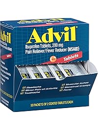 Advil (50 Packets of 2 Capsules) Pain Reliever/Fever Reducer Coated Tablet, Individually Sealed, 200mg Ibuprofen, Temporary Pain Relief, Travel Pack