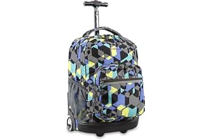 J World New York Sunrise Kids Rolling Backpack for Girls Boys Teen. Roller Bookbag with Wheels, Cubes, 18"