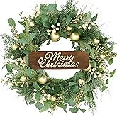 WreathDream 20 inch Artificial Christmas Wreath Winter Wreath for Front Door with Champagne Gold Berry,Christmas Balls for Front Door Farmhouse Indoor Outdoor Holiday Home Decor