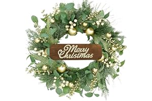 WreathDream 20 inch Artificial Christmas Wreath Winter Wreath for Front Door with Champagne Gold Berry,Christmas Balls for Front Door Farmhouse Indoor Outdoor Holiday Home Decor