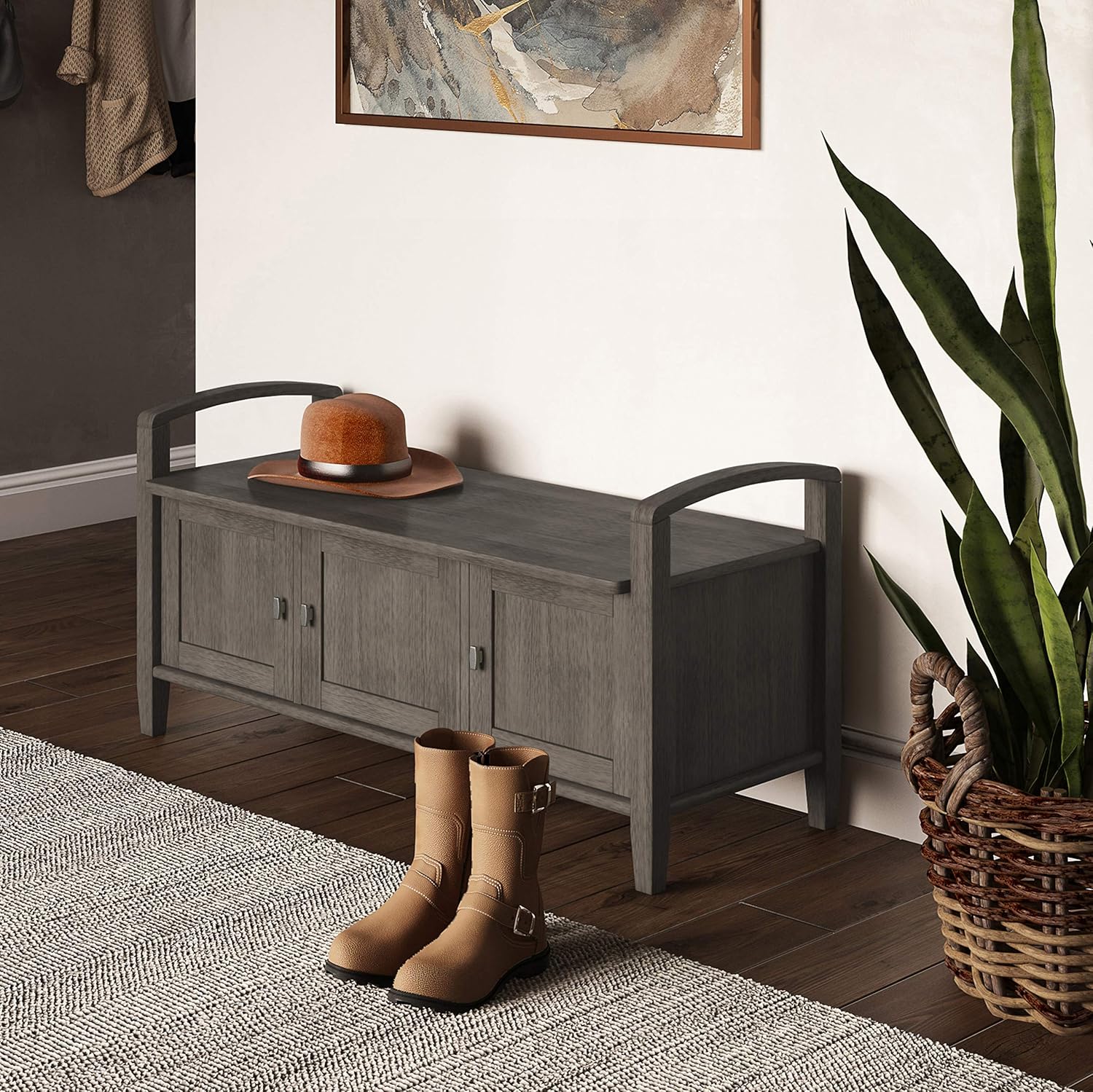 Simpli Home Warm SOLID WOOD 44 inch Wide Entryway Storage Bench with 3 Doors, Multifunctional, Rustic, in Farmhouse Grey: Furniture & Decor