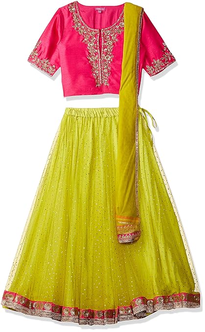 Girl's Synthetic Salwar Suit Set (123296_ FUSCHIA/LIME GREEN_ 9)
