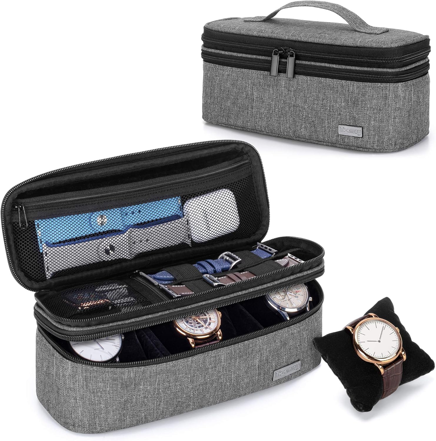 Teamoy Double-Layer Watch Box Organizer with Soft Padded Inner Liner, Travel Storage Case for Man Watches , Wristwatch and Accessories, Gray: Home Improvement