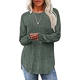 Saloogoe Long Sleeve Shirts for Women 2025 Fall Clothes Tunic Tops Loose Fit Dressy Crewneck Pullover Sweaters Curved Hem