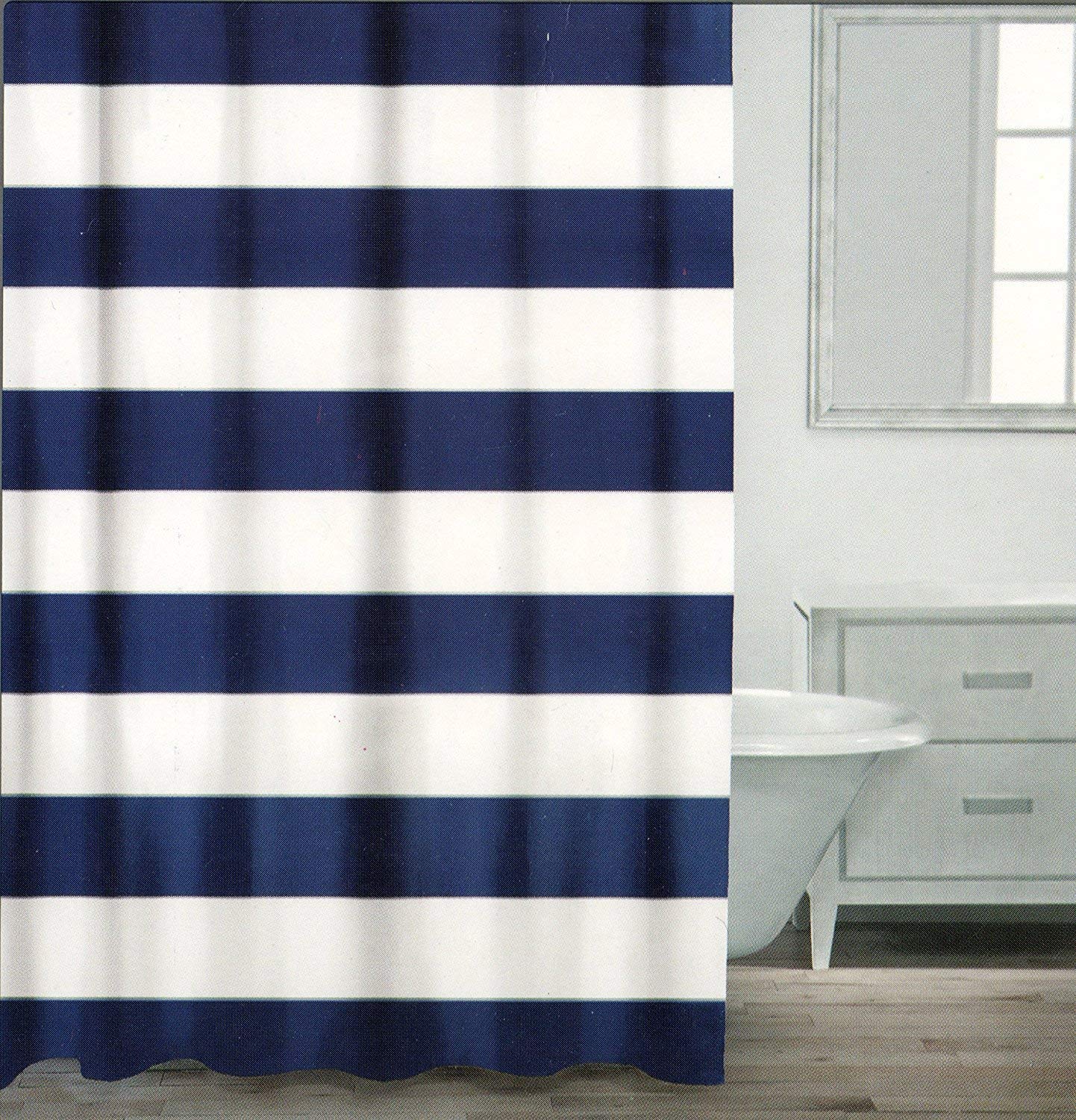 Bart671Lu Shower Curtain Wide Stripes Fabric Shower Curtain White Navy