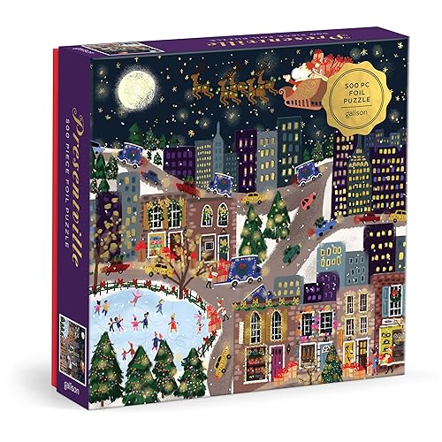Galison Presentville 500 Piece Holiday Foil Puzzle Featuring Beautiful Artwork of A Cozy and Festive City Scene by Joy Laforme