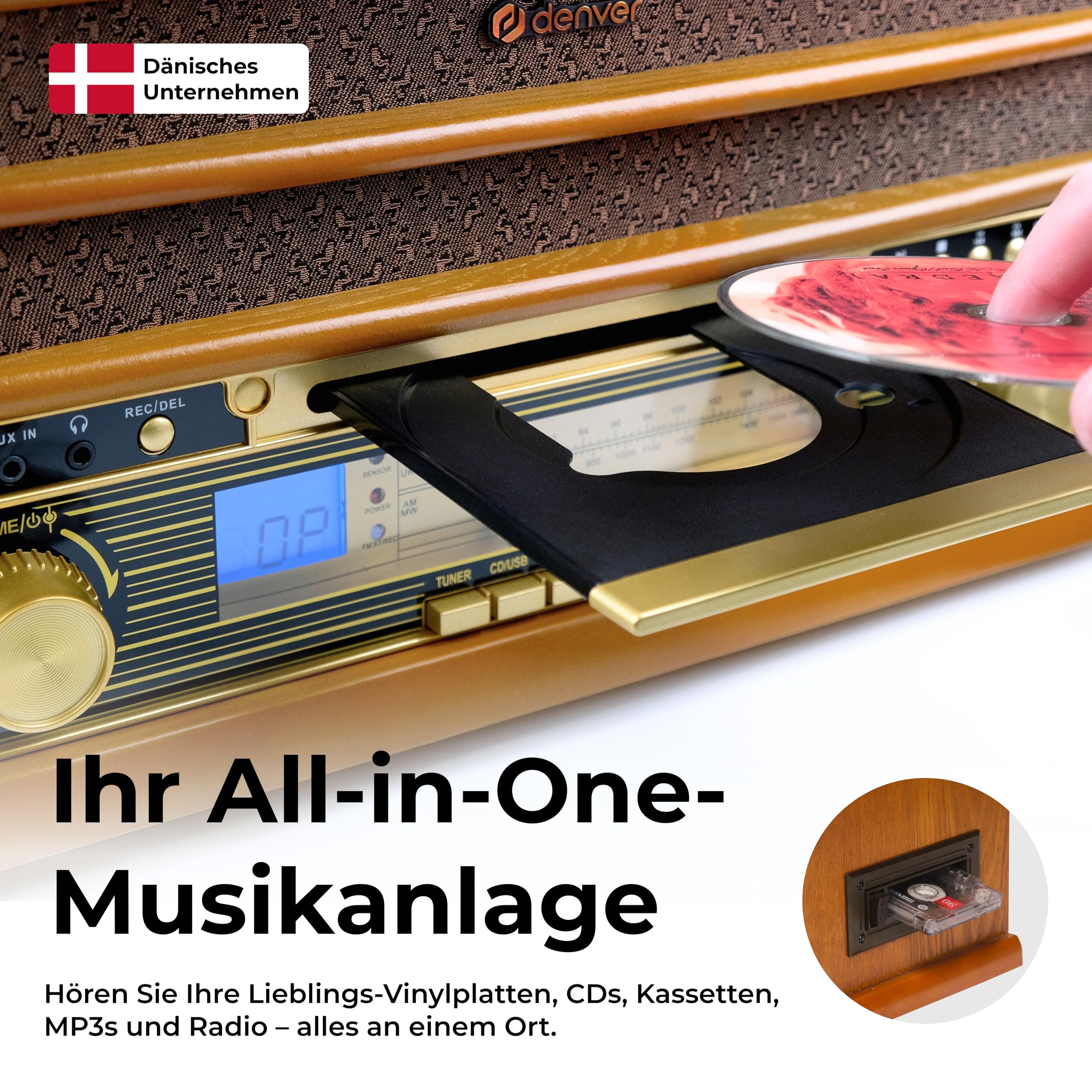 Denver MCR-50 Retro Musikanlage mit Plattenspieler mit Lautsprecher, Braun - Schallplattenspieler mit USB, Kassette & CD Support 2