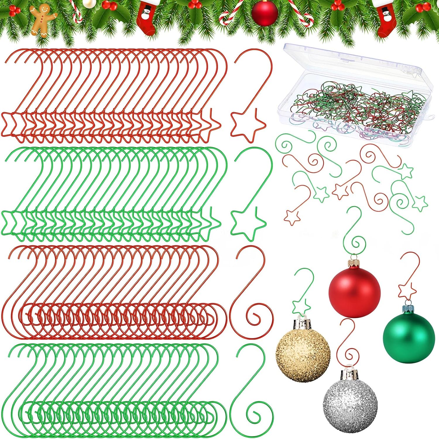 Ornament Hooks - Hotop Christmas Ornament Hooks Mini Ornament Hangers Decorative Star Sharped Hooks Swirl Christmas Hanging Hook with Storage Box for Christmas Tree Decoration (Red, Green,160 Pieces)