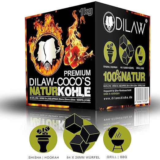 DILAW® Shisha Kohle | 1KG 64 Würfel | Größe 26er Cubes | Premium Kokosnuss Naturkohle bis zu 120 Minuten Brenndauer