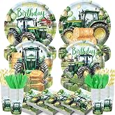 140PCS Tractor Birthday Decorations for Tractor Themed Farm Party Serves 20 | Farm Themed Convenient Disposable Plates Napkins Cups, Green Tractor Party Supplies for Farm Birthday Party Decorations