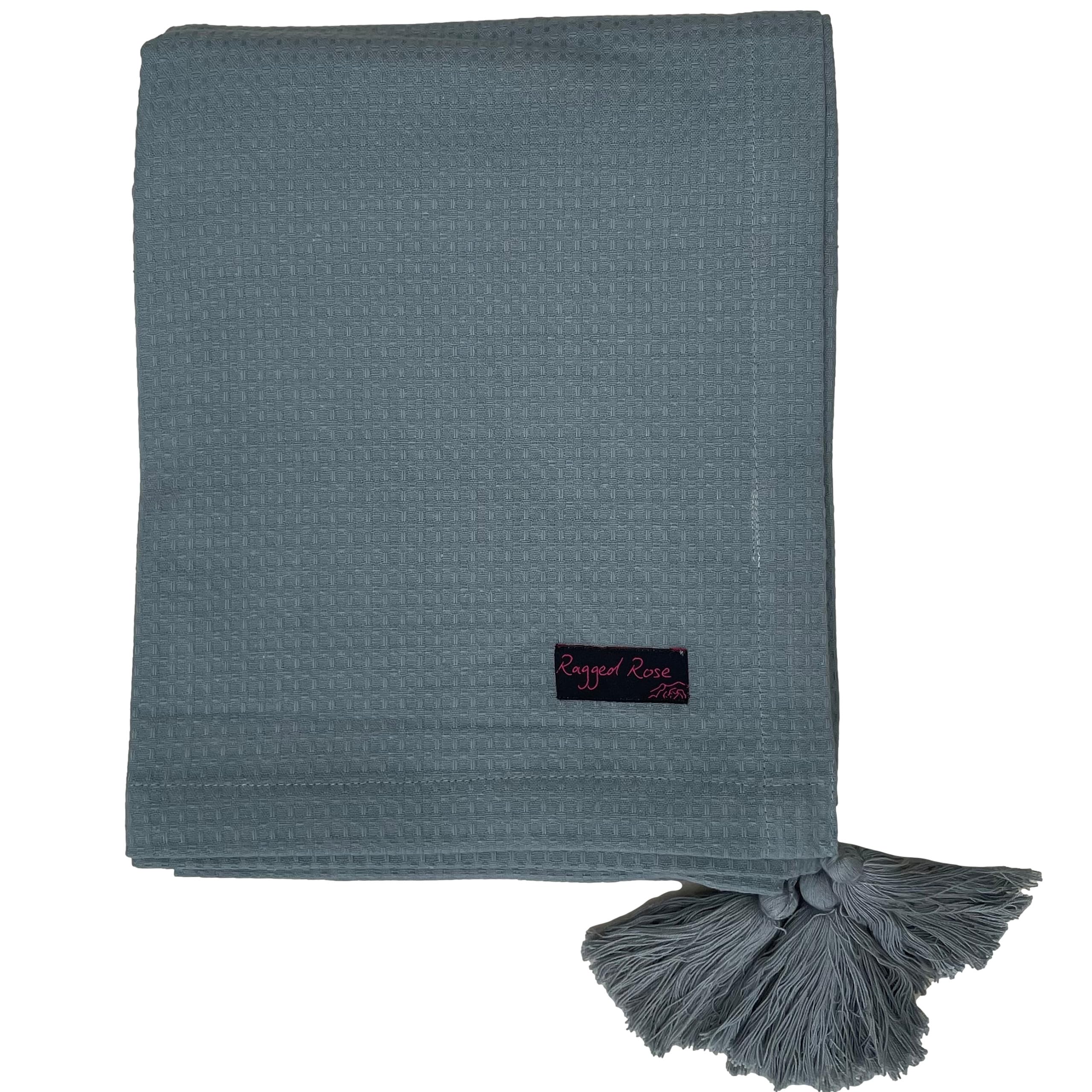 Ragged Rose 140 cm x 180 cm Waffle Throw - Versatile Indoor & Outdoor Throw Waffle Weave Cotton with Corner Tassles - Cotton Throws for Sofa & Bed (Grey)