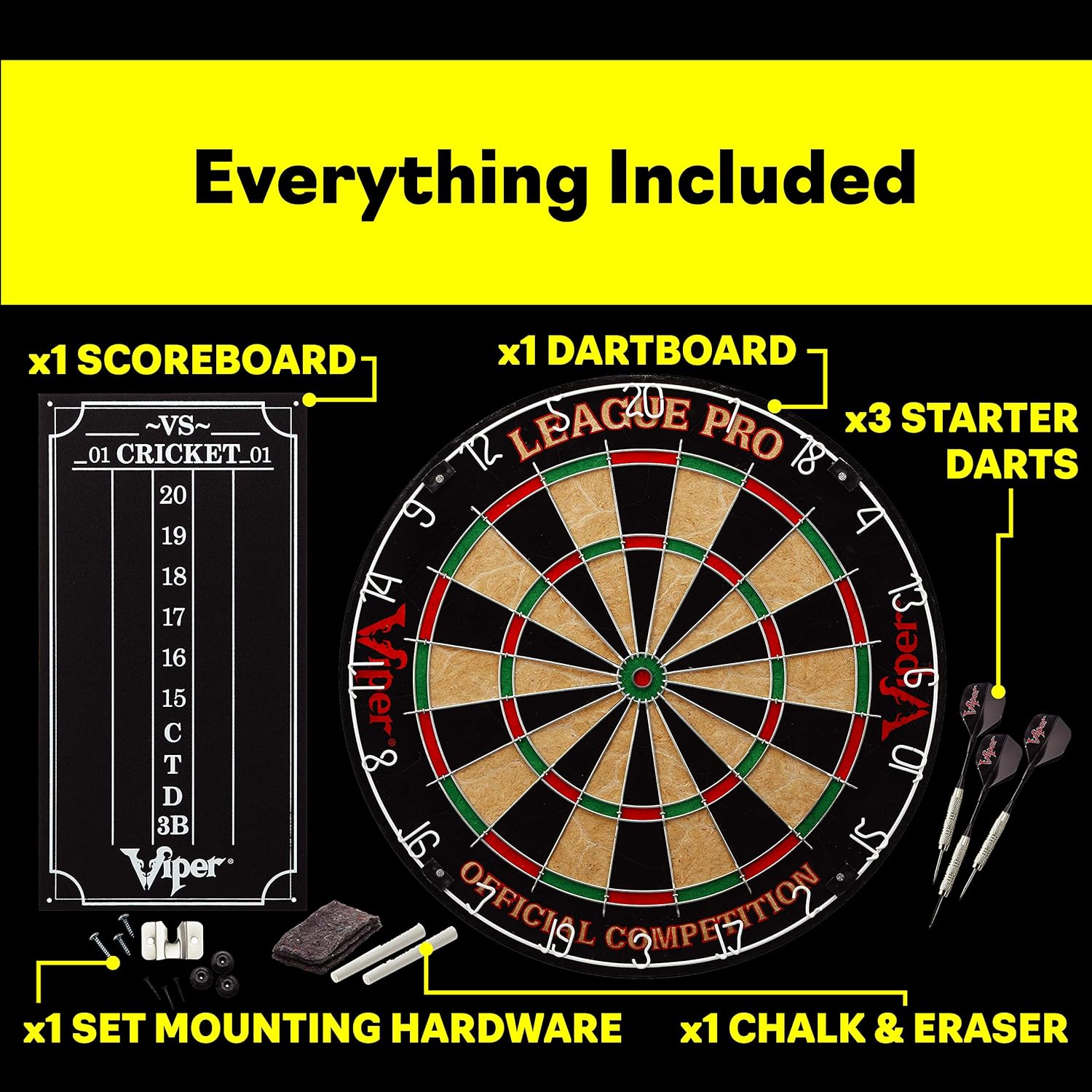 Viper League Pro Regulation Bristle Steel Tip Dartboard Starter Set with Staple-Free Bullseye, Radial Spider Wire, High-Grade Sisal with Rotating Number Ring, Chalk Cricket Scoreboard, Steel Tip Darts : Sports Fan Dart Equipment : Sports & Outdoors