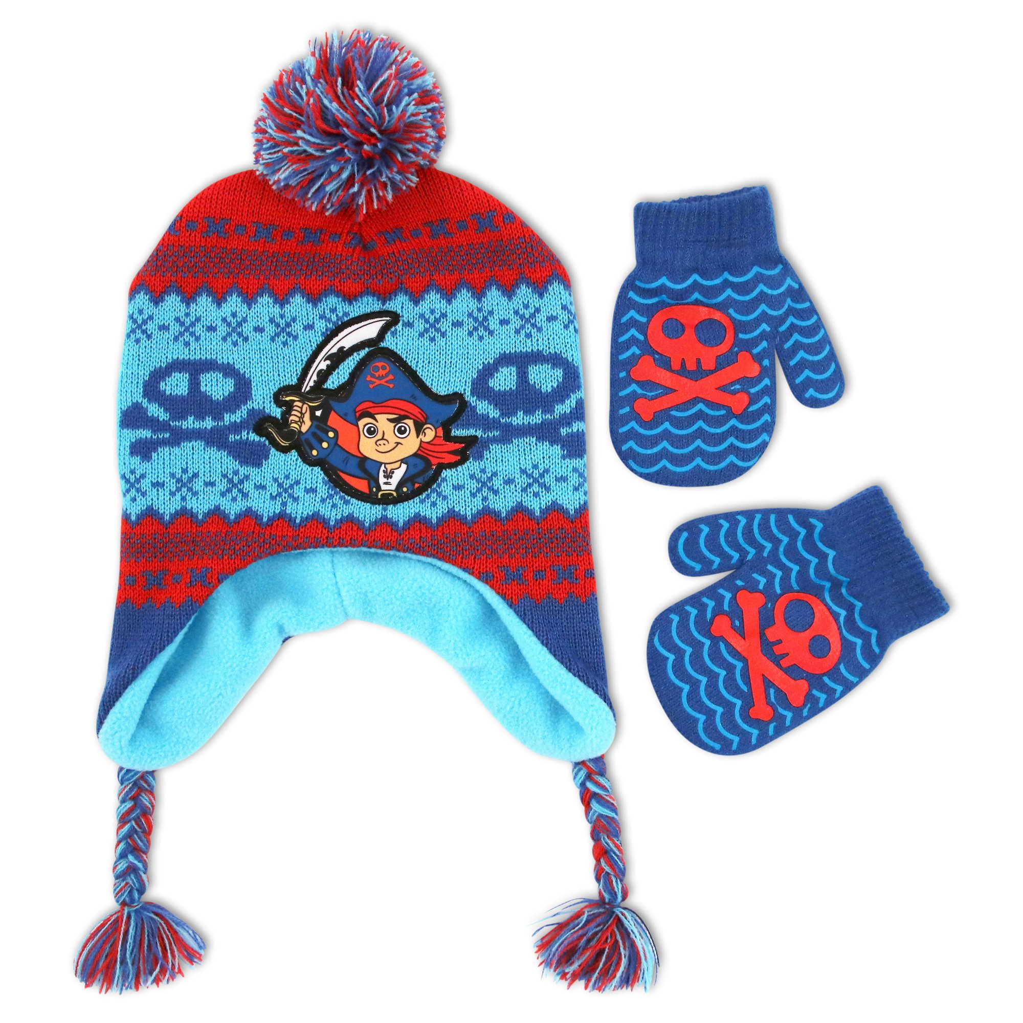 Disney Toddler Boys Jake and the Neverland Pirates Acrylic Winter Laplander Pom Hat with Satin Character Patch and Matching Gripper Mitten Set Blue