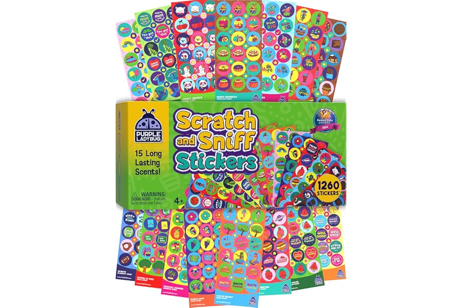 Purple Ladybug 1260 Variety Scratch and Sniff Stickers - Classroom Decor with 15 Unique Scents - Fun and Motivational Rewards for Kids and Teachers Must Haves, Smelly Sticker Back to School Gift