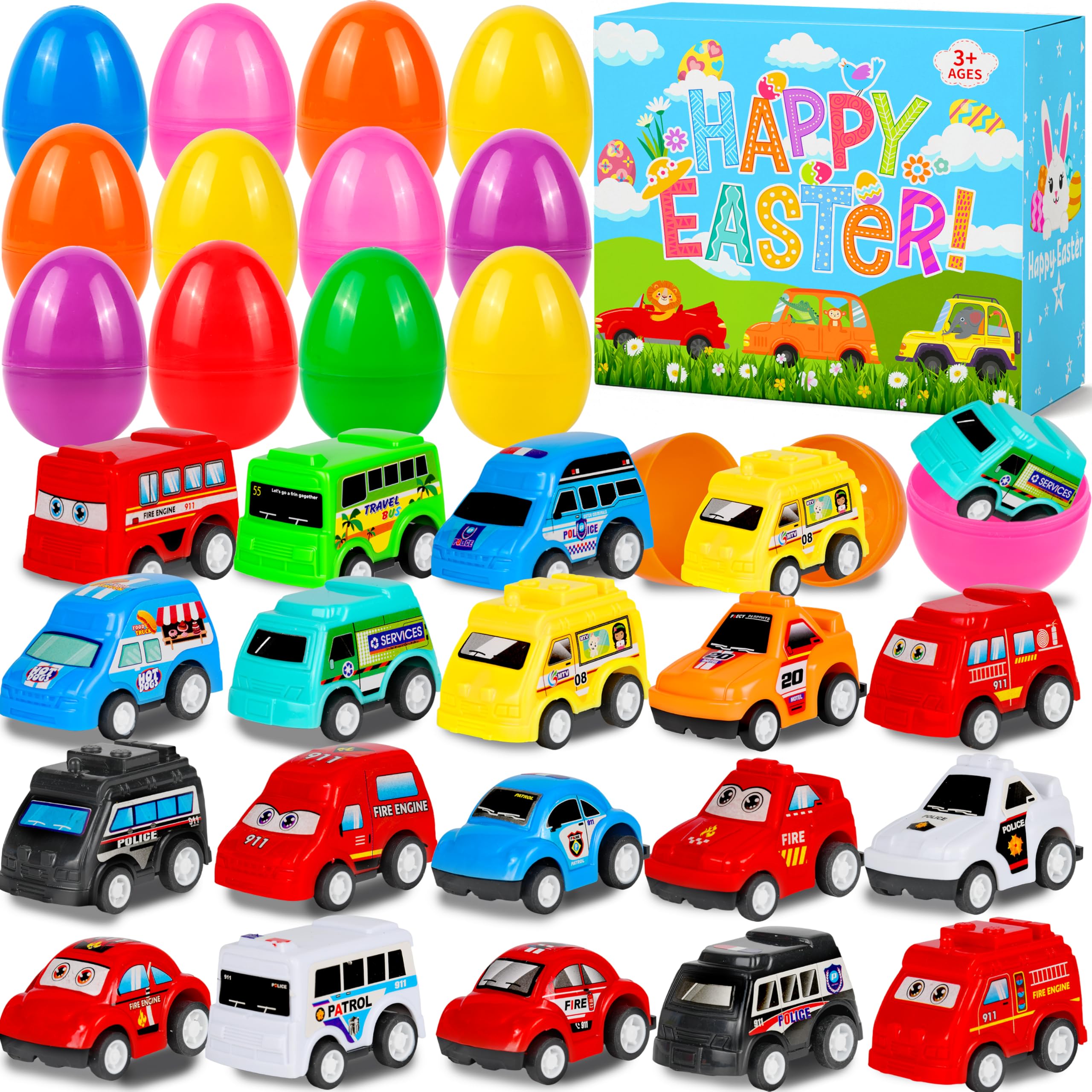 OCTERIC 18 Pcs Prefilled Easter Eggs with Pull Back Car, Plastic Eggs with City Cars, Easter Hount Basket Stuffers, Party Favors for Kids Classroom Prize Supplies, Gift for Kids Toddlers Girls Boys