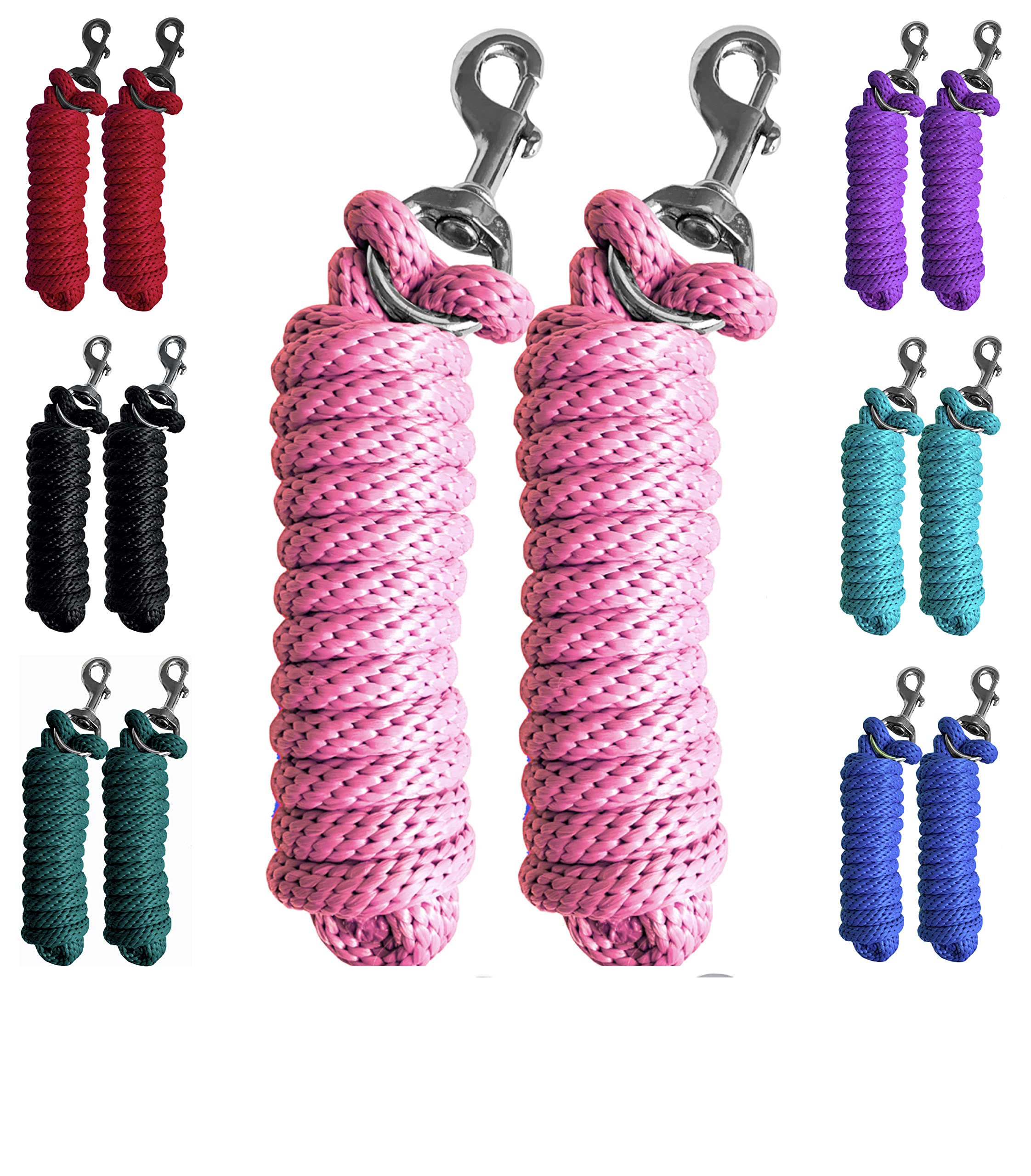 Majestic Ally Pack of 2 Solid Poly Lead Rope for Horses & Livestock – 10 Foot Long and 5/8 inch Thick - Replaceable Heavy-Duty Bolt Snap – Handmade – Soft, Broken in Feel (Pink)