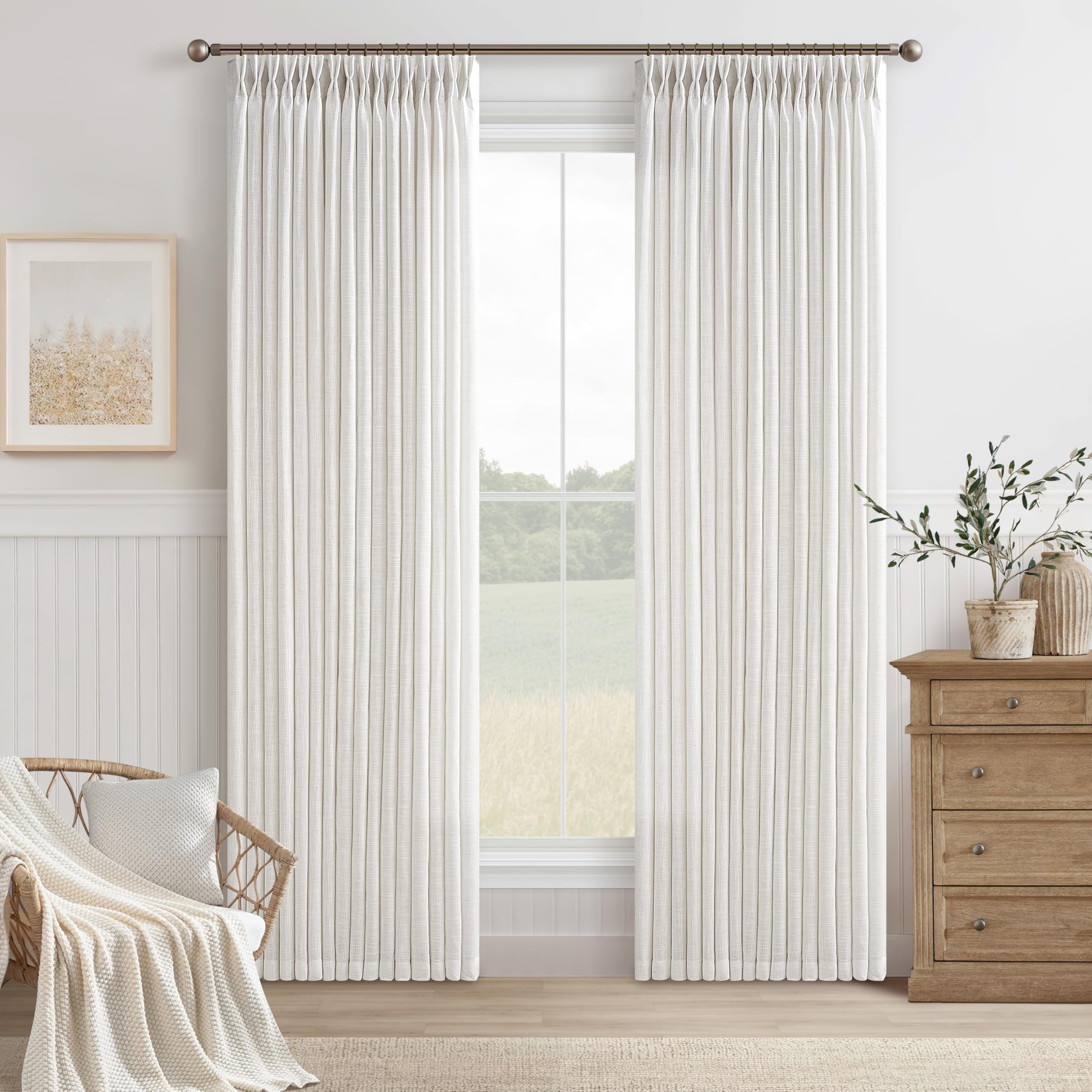 Photo 1 of 120 Inch Length Extra Long Linen Curtains Modern Neutral Curtain 10 Foot Light Filtering Semi Sheer Back Tab Pinch Pleat Curtain for Tall Ceiling Living Room 2 Panels 50 by 120 Inch Ivory Beige White