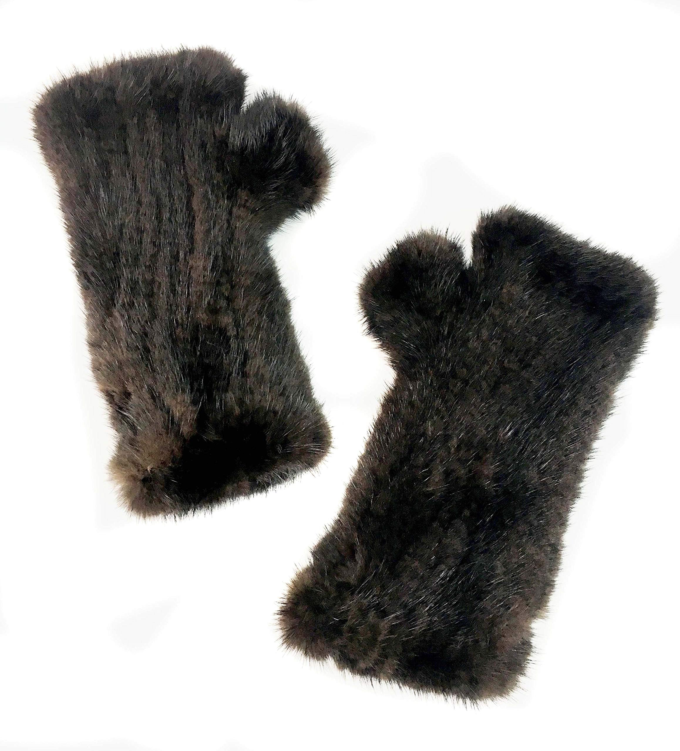 Surell Brown Mink Fur Textile Knit Fingerless Gloves - Winter Texting Mittens - Luxury Cold Weather Clothing
