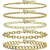 5PCS Stainless Steel Bracelets for Men, Silver Gold Black Sturdy Cuban Link Box Rope Chain Paperclip Figaro Bracelet for Women Men Jewelry Set