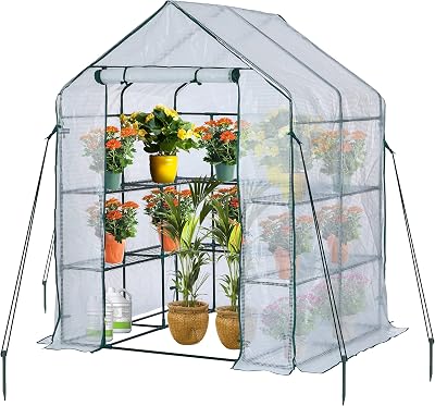 Jungle Stone Walk In Greenhouse with 10 Shelves Reinforced PE Cover