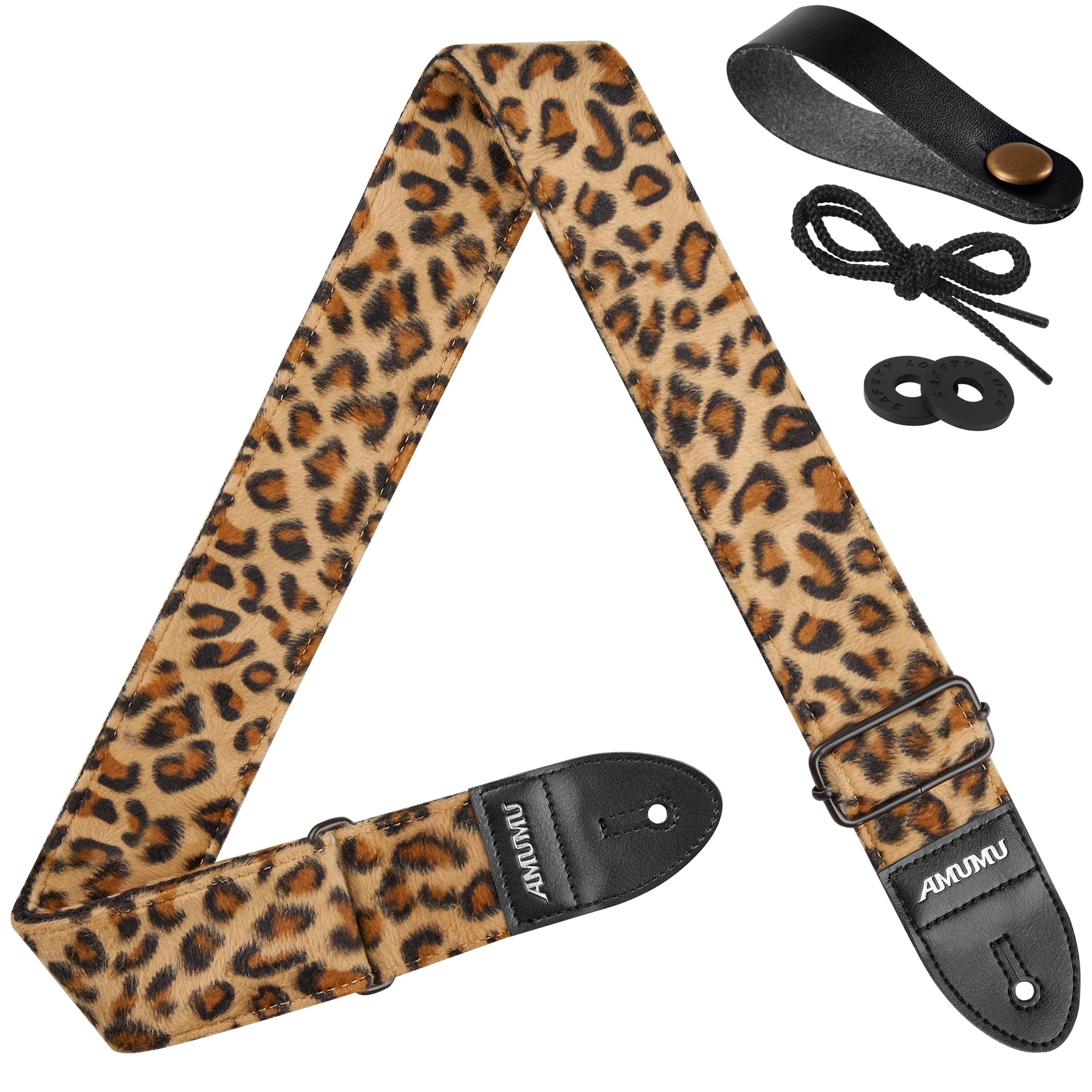 Amumu Leopard Flocked Velvet Guitar Strap with Microfiber Leather Ends, Fits Acoustic, Bass, and Electric Guitar - Guitar Accessories - 2" Wide