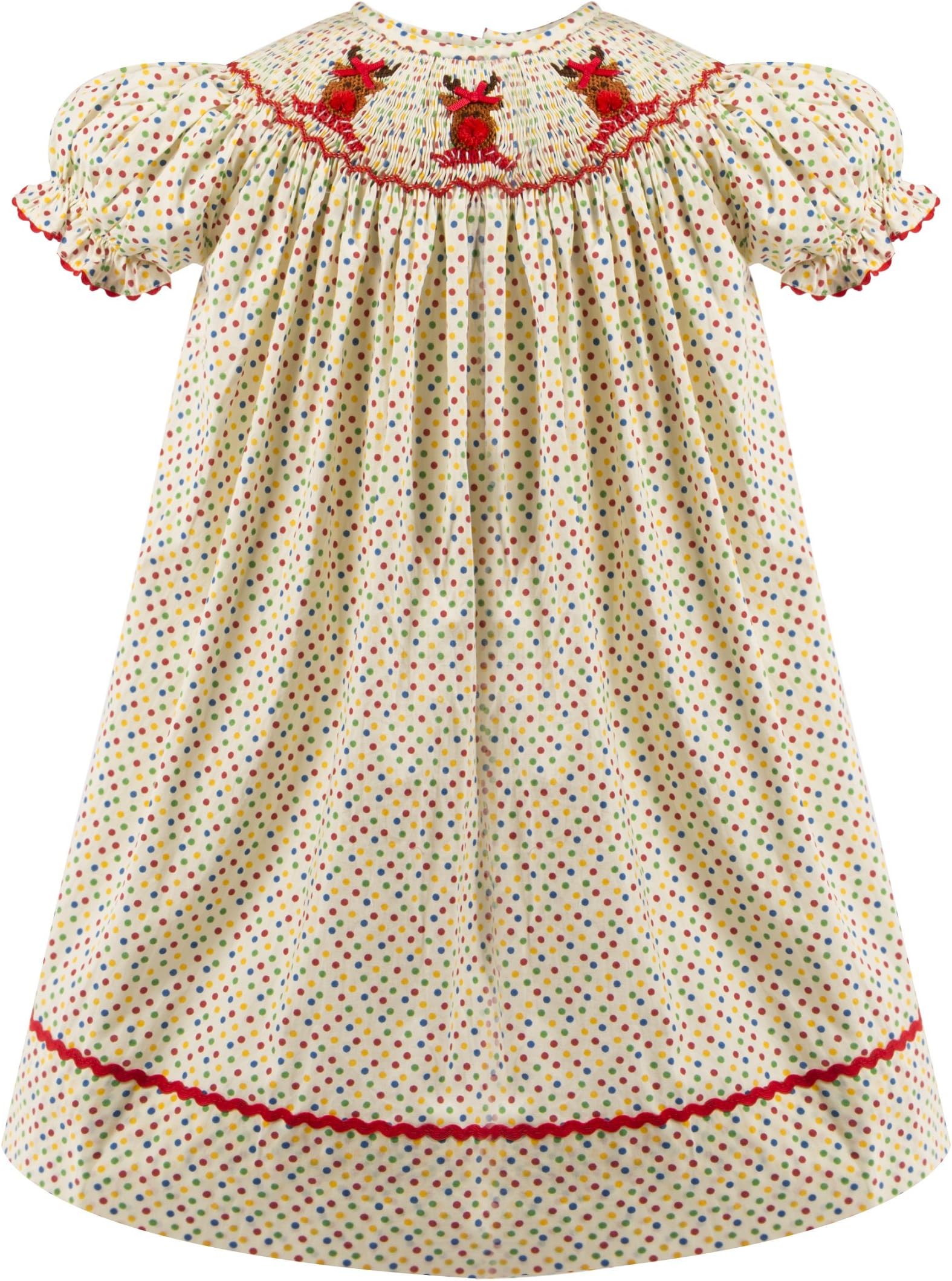 Babeeni Christmas Dresses for Girls Bishop Style Featured with Hand Smocked Reindeers Patterns Around The Neck in Cream Color