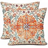 Orange Blue Ethnic Boho Pillow Covers 18X18 Inch Bohemian Carpet Vintage Couch Pillow Cases Rust Coral Floral Throw Pillows Set of 2 Rustic Home Decor for Living Room Bedroom Bed Cushion Outdoor