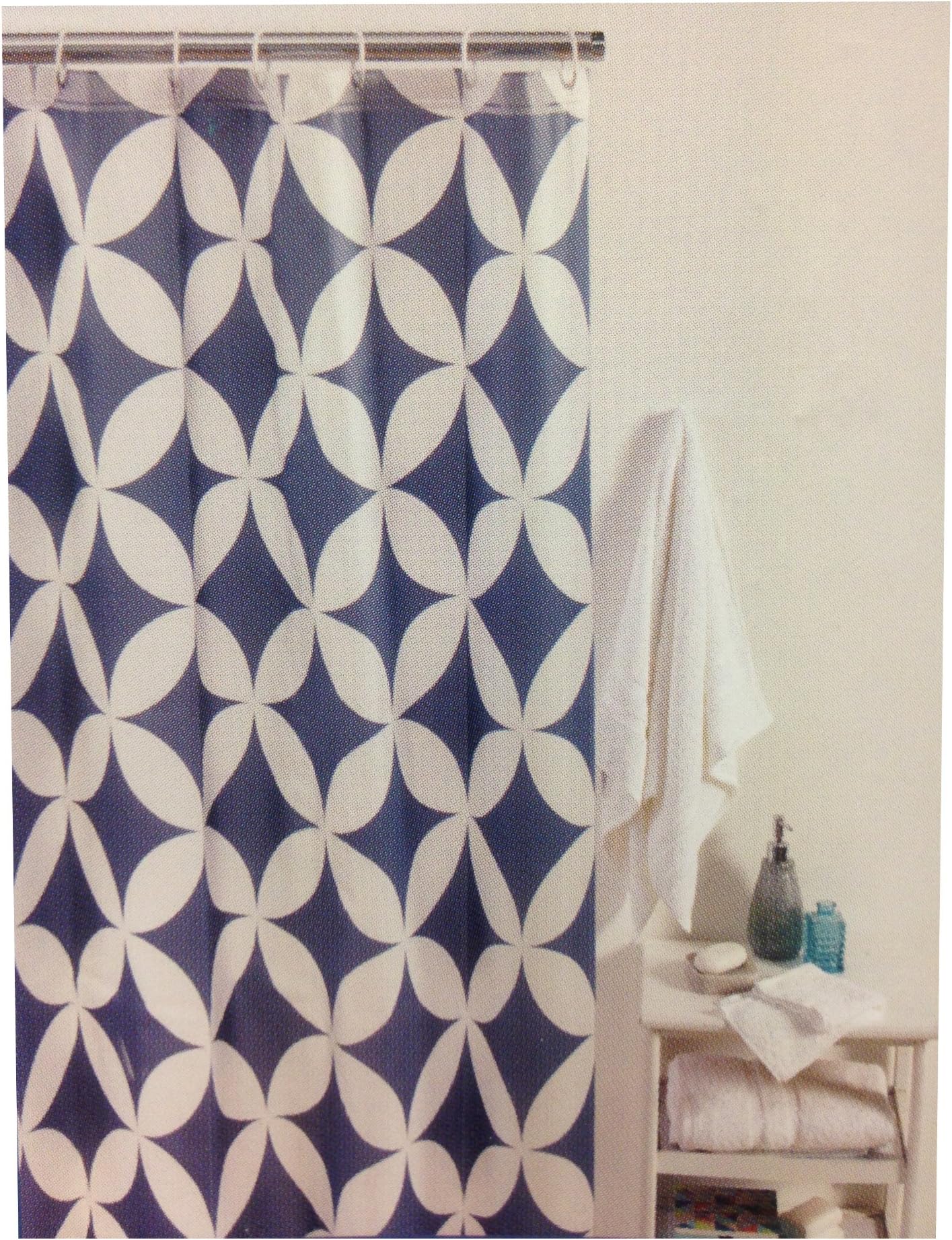 Shower Curtain Geometric Blue, Circles Four Petal, Navy White, Hypocycloid, 12 Plastic Ring / Hooks Included
