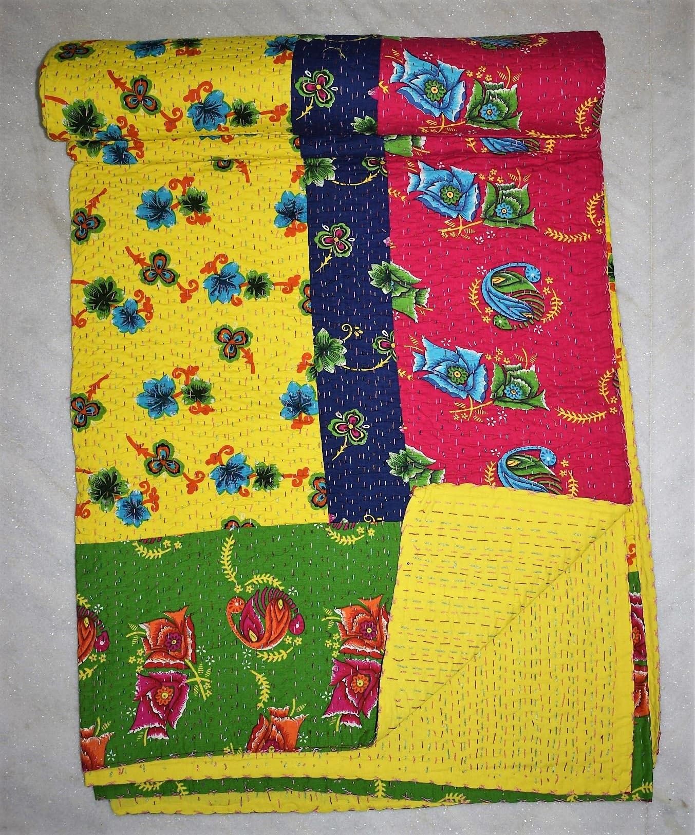 Gypsia Studio New Floral Print Indian Vintage Throw Handmade Patchwork Kantha Quilt Comforter Blanket Bedding Throw